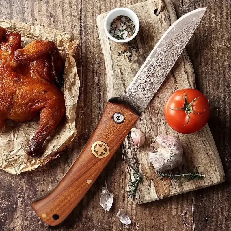 Damascus steel steak knife, portable EDC camping knife, suitable for kitchen, campfire barbecue cooking, men's gift