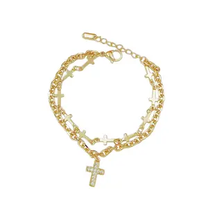 Women's 2026 New Gold Double-Layer Cross Bracelet, Dainty CZ-Inlaid Cross Charm Link Chain, Christian Religious Jewelry for Daily Wear, Gift (Sports Wristbands, Gold Bracelets), Gold Bracelet