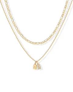 PAVOI 14K Gold Plated Initial Letter Double Dog Tag Pendant Necklace - Dainty Cubic Zirconia Letter Tag Round Box Chain Necklaces for Women