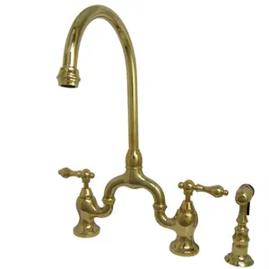 Kingston Brass  English Country Kitchen Bridge Faucet with Brass Sprayer, Polished Brass, Kitchen Faucets, High Arc Faucet, Decor, Side Spray