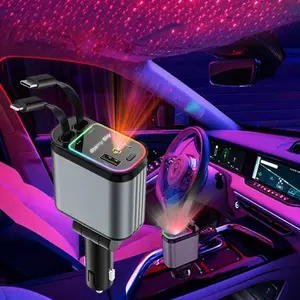 4-In-1 66w Car Charger with Starry Sky Projector & LED Ceiling Light, Dual Extensible Cables, Fast Charging USB Adapter for iPhone & Android, Multifunctional Charger