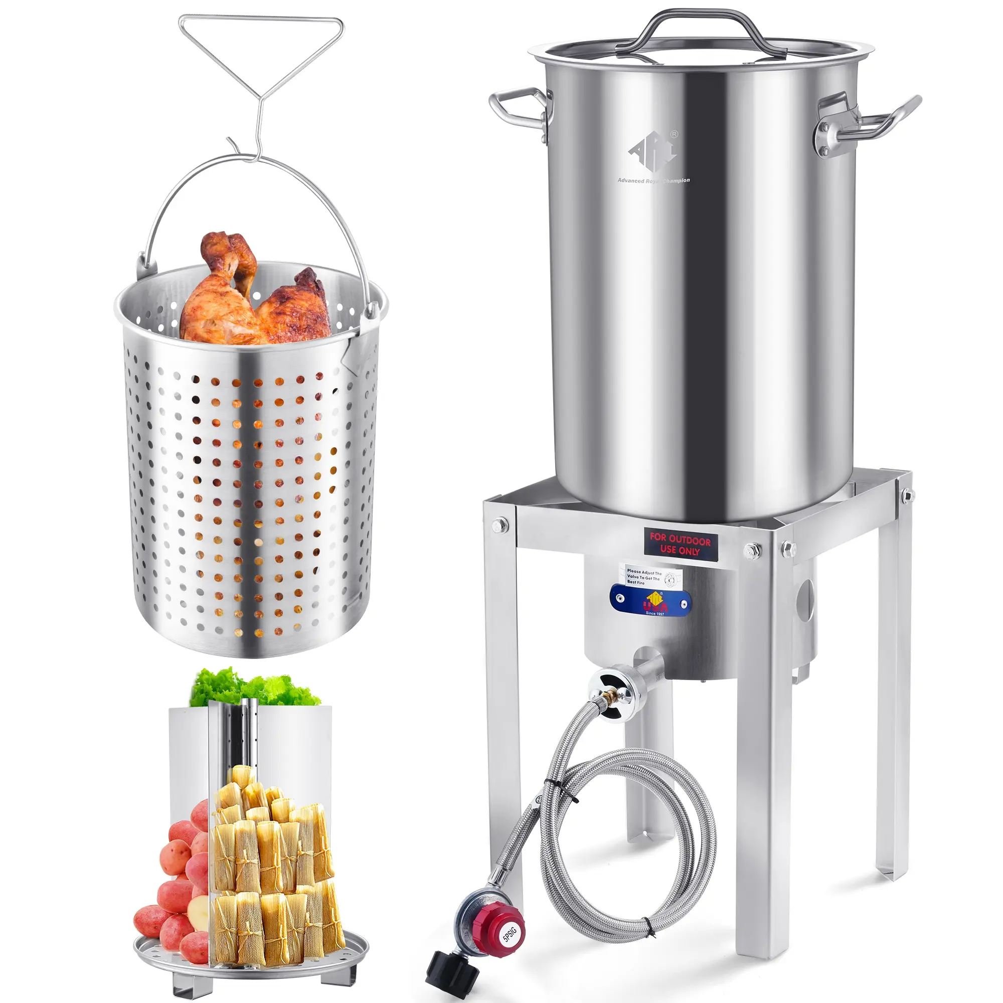 ARC ADVANCED ROYAL CHAMPION 32QT Stainless Steel Turkey Fryer & Crawfish Boiler Kit with Basket, Portable Outdoor Cooker for Family Parties, 55,000 BTU Propane Burner & Adjustable Regulator, 32-Quart Capacity