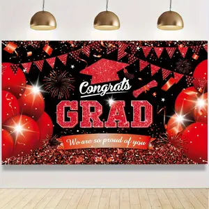 Graduation & Congrats Grad Backdrop – Red Black Celebration Tapestry, Wall Hanging, Photography Background, Polyester HD Print, Party, Event, Home, Decor