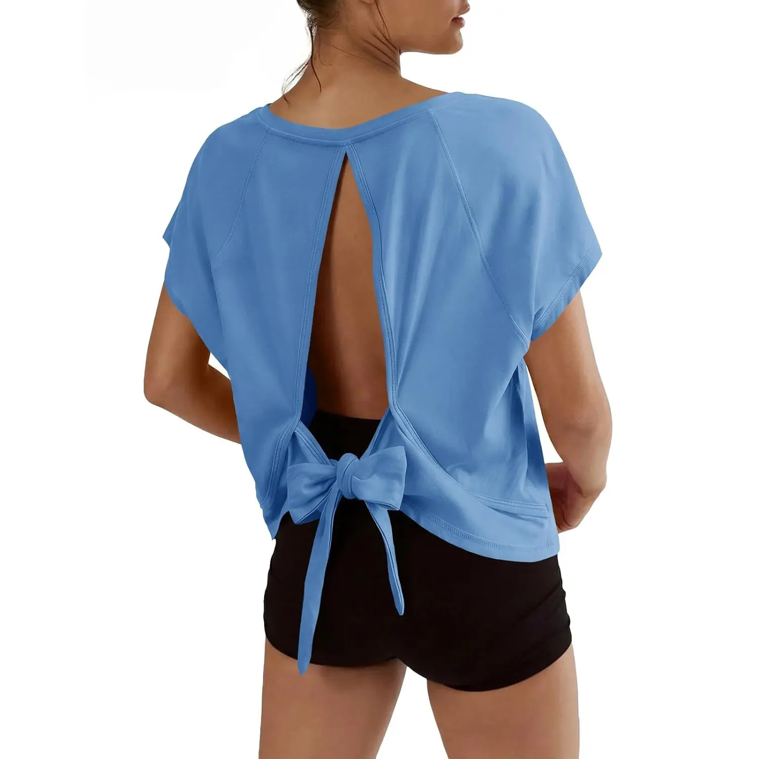 Fisoew Womens Open Back Workout Crop Tops V Neck Short Sleeve Athletic Shirts Tie Back Oversized Gym Running Yoga Tee,summerwins,summeroutfits,vacationoutfits,beachoutfits