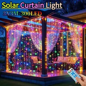 Upgraded 300LED Solar Powered Colored Curtain Light, Remote control, 8 Adjustable Modes, Solar Fairy String Light Strip, And Durable Metal Structure, Ambient Lighting Strip, Suitable for Outdoor Decoration in Gardens, Parties, Weddings, Christmas Holidays