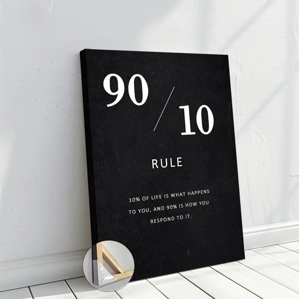 1pc 90 10 Rule Framed Canvas Print Poster with Wooden Frame - Decorative Indoor Artwork for Office Corridor, Home Living Room Decoration, Wooden Framed, Home Supplies