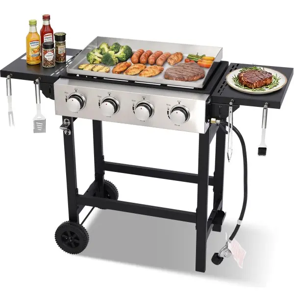 4-Burner Propane Gas Griddle, Outdoor Patio Flat Top Grill Stove with Foldable Side Tables & Wheels, 40,000 BTUs Output, 291 sq.in Cooking Area for BBQ Setup, Backyard Barbecue
