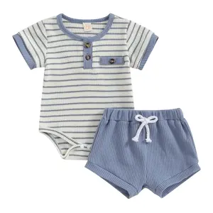 Newborn Baby Boys Girls Summer Outfit Stripe Pattern Short Sleeve Romper+Solid Color Elastic Waist Shorts 2Pcs Clothes Set