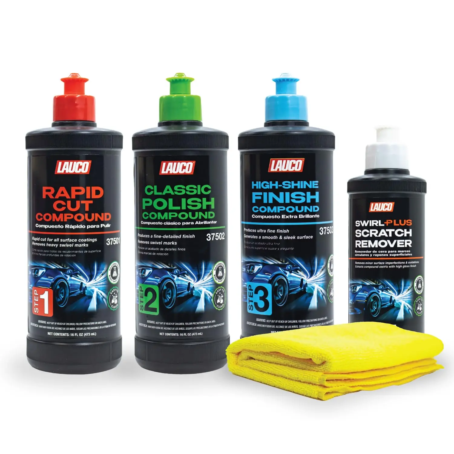 Lauco Complete 3-Step Car Detailing Kit - 16 oz Polishing Compound, Cut & Polish Compound, Silicone-Free Clear-Coat Safe Swirl Corrector, Gloss Refinement Finisher, Towel for Surface Repair, Home Enthusiasts (Easy Wipe-Off)