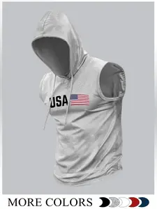 Men's Fashion Sports Hooded Vest, Cartoon Pattern Knit Fitted Summer Style, Moderate Fabric Thickness, Non Sensitive Goods, Brand Name Not Provided, Athletic Workout Clothing
