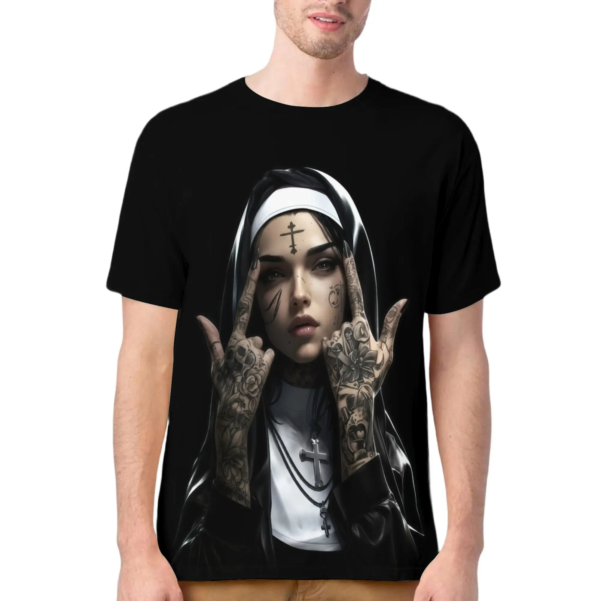 Men's T-shirt | Fitted | 3D nun graphic print | Casual crew neck |Short sleeves | Black and white with a colorful design | Machine washable | Unique streetwear style
