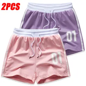 Two-piece set featuring women’s shorts. Simple design with drawstring and elastic waistband, numeric print. Suitable for outdoor outings, gym workouts, and everyday casual wear; summer vibe, summer shorts.