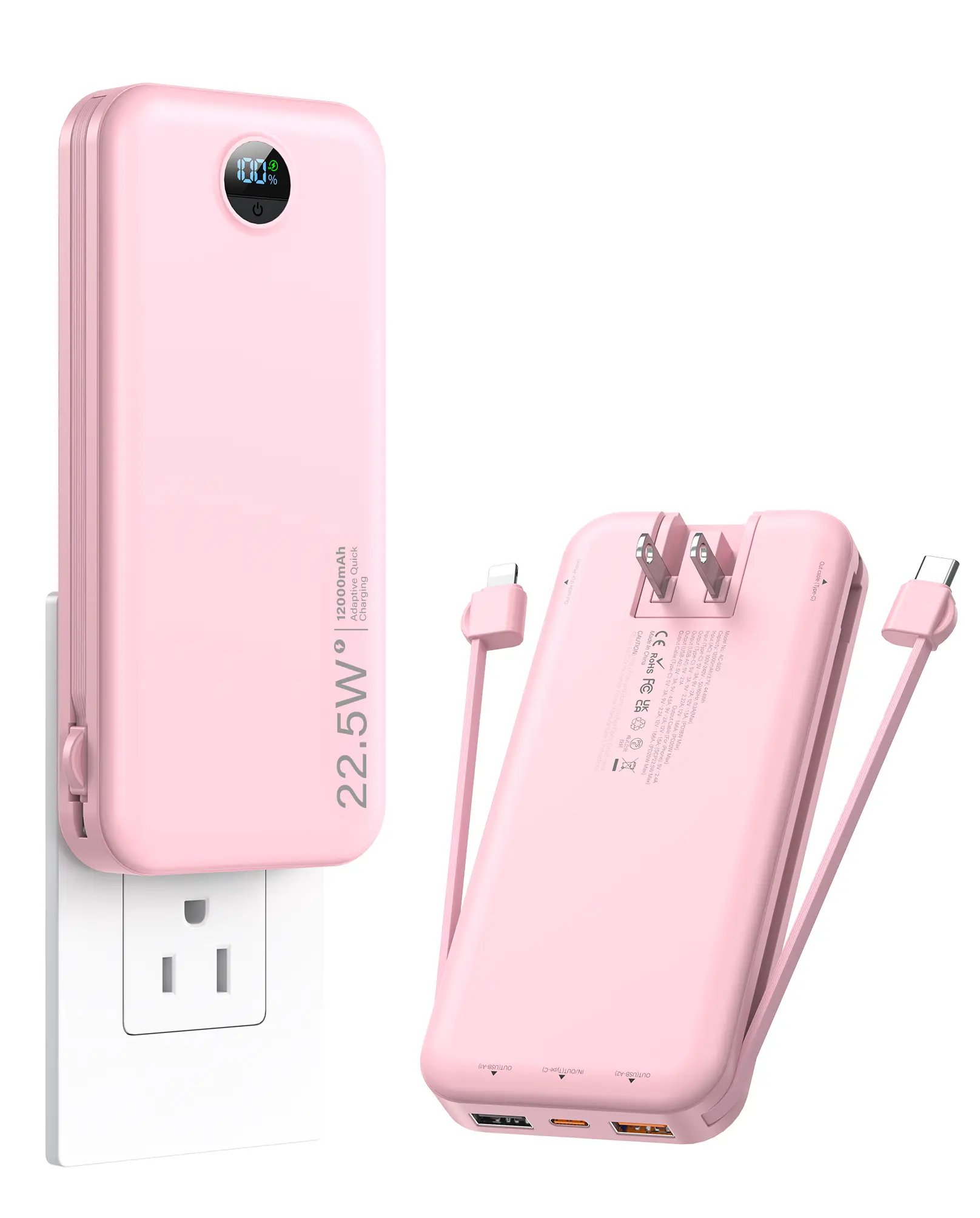 12000mAh Multifunctional Portable Charger (Rechargeable Battery), Built-in AC Wall Charger & Dual Charging Cables, LED Display, 5 Outputs, 2 Inputs, PD20W Fast Charging for Phones, iPhone, Galaxy, Digital Accessories (Father's Day Gift), On The Road, Edc
