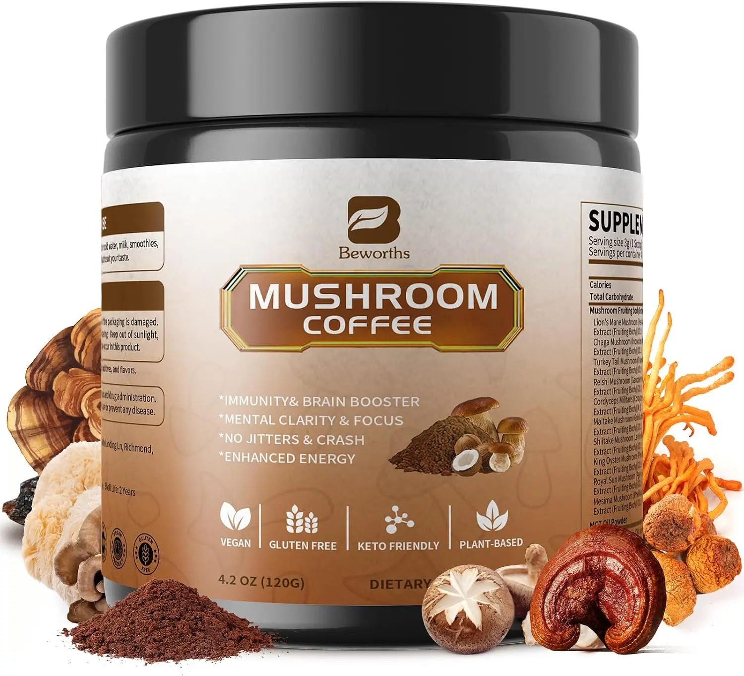 Mushroom Coffee -10 Mushroom Instant Coffee Powder with Lion's Mane, Reishi, Chaga, Cordyceps, and Turkey Tail | Mushroom Coffee Alternative for Immune Boost, Mental Clarity & Focus, Digestion Health