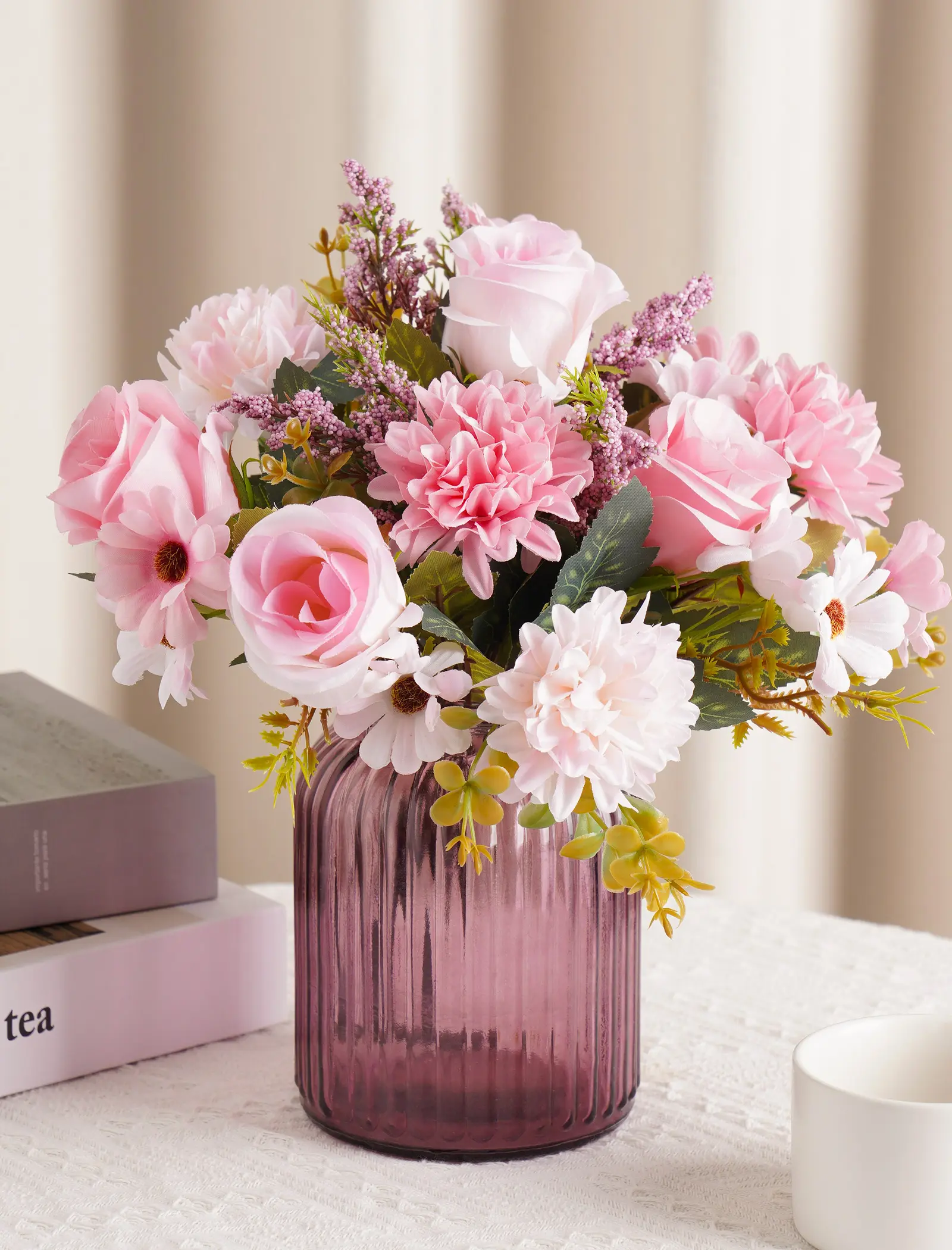 NiHome 2 Bunches (2 Bundles) Pink Plastic Silk Artificial Mixed Flower Bouquet - Roses, Chrysanthemums, Sunflowers with Flexible Stems for Decoration, Ornaments, DIY Home Decor, Anniversary Gifts, Mix with Real Blooms, Two Bundles, Bouquet Size