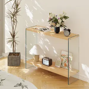 Rectangular Entryway Table with Wood-finish MDF Storage Tempered Glass Frame Sofa Storage Table