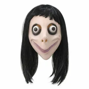 Momo horror latex mask, with realistic big eyes, eerie smiles, and accompanying long hair, suitable for horror enthusiasts, funny people, Halloween role-playing theme party costumes and accessories