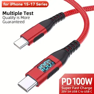 USBC to USBC 100W Fast Charging, Super Fast Charge USB-C Cable with Live Digital LED Display Braided C to C Charger Cord for Smartphone, MacBook Pro/Air, iPhone 17 16 15 Pro Max, iPad Pro, Samsung Galaxy S25 S24 S23, Pixel, PS5