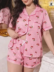 Plus Size Women's Bubble Wrinkle Sleepwear Loungewear Set, Striped Cherry Print, Short Sleeve Shorts, Open Front Pajama Set, Wearable at Home