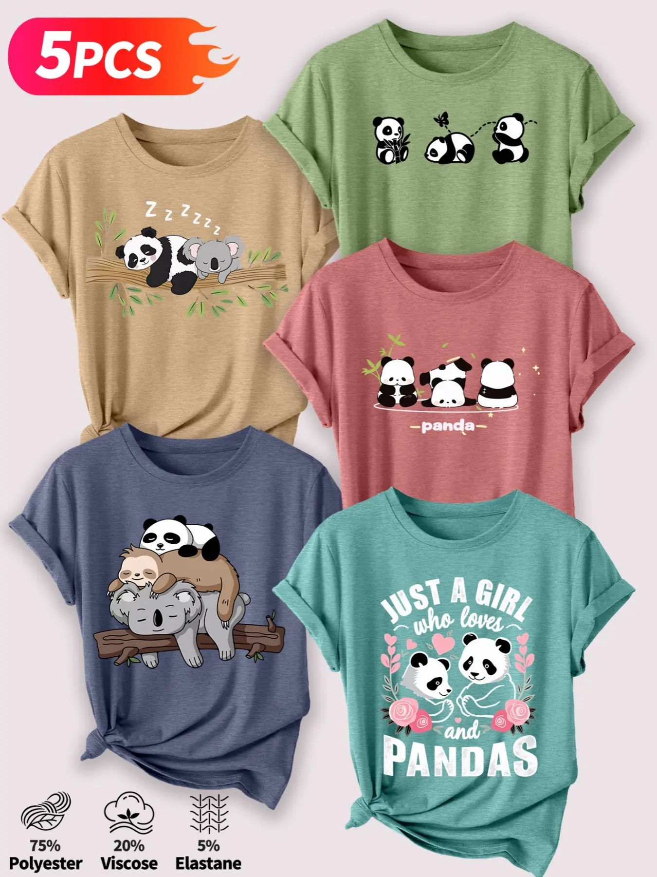 5Pcs Women's Crew Neck T-Shirt, Womenswear, Round Neck, Panda Koala Sloth Series Print, Multiple Colors Available, Machine Washable, Spring & Summer Casual Everyday Tops, Soft Skin-Friendly Fabric, Daily Versatile, Casual, Fashion Design
