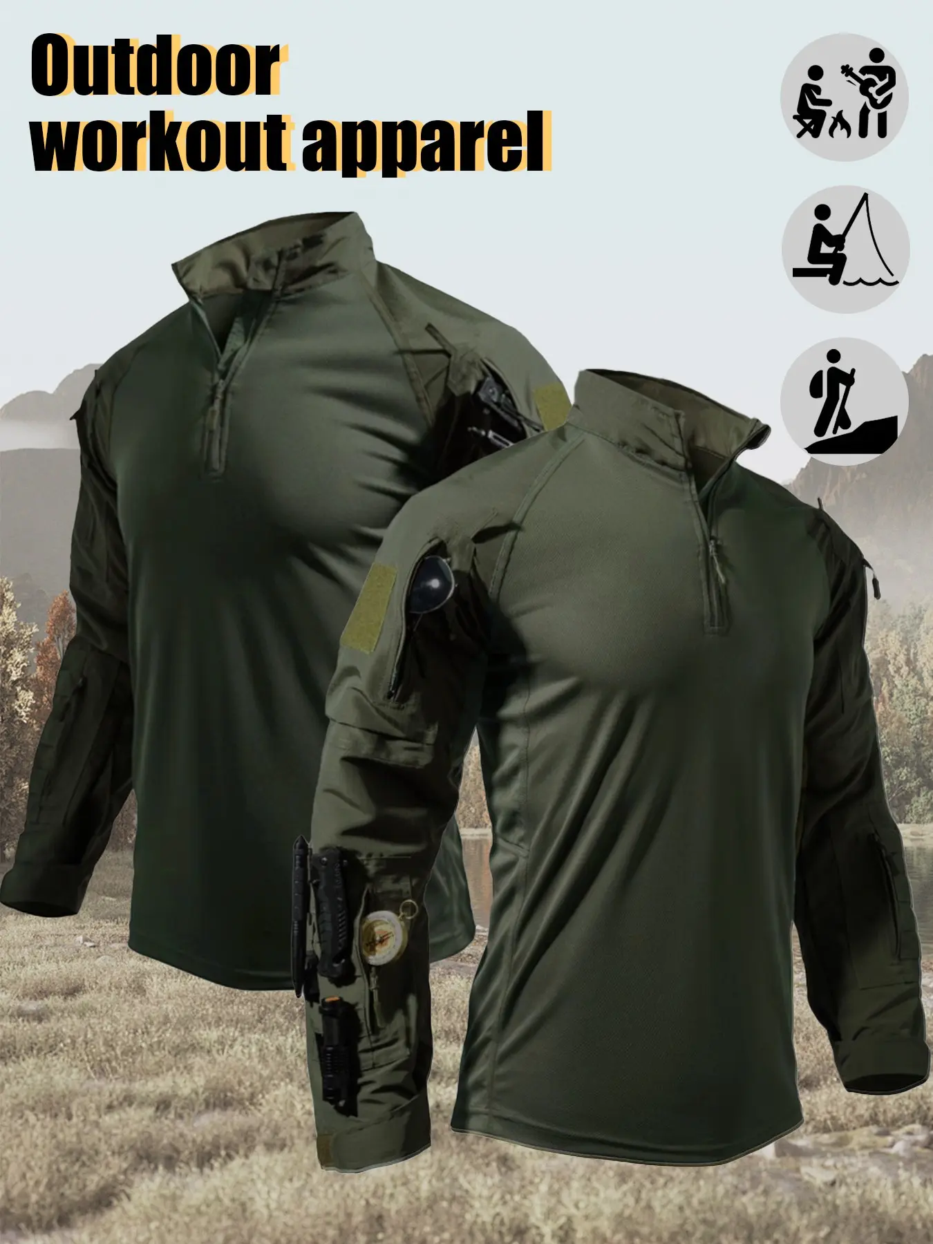 Men's Outdoor Training Long-Sleeve, Dry Fit Shirt, Durable, breathable, highly stretchy slim-fit top featuring multiple pockets, Comfortable, lightweight, and moisture-wicking, perfect for outdoor activities such as rock climbing, running, fishing