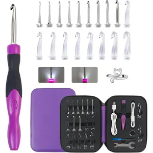 18 Sizes Lighted Crochet Hooks Set 2.0mm~14.0mm, Rechargeable Crochet Hook with Interchangeable Crochet , Light Up Crochet Hooks Set with 2 Levels Led for Beginner Knitting Kit Gifts