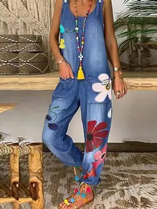 Women's Floral Print Denim Jumpsuit, Fashion Casual Loose Pocket Design Jumpsuit for Daily Wear, Ladies Clothes for Spring & Fall, Strap Womenswear, Stylish Jumpsuit