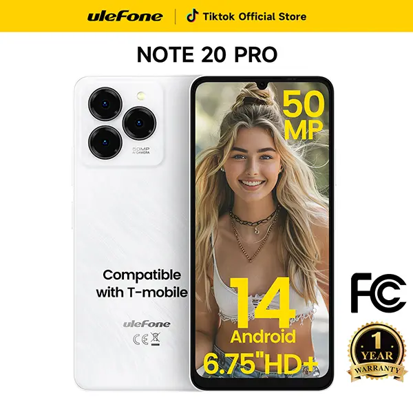 Ulefone Note 20 Pro Unlocked Cell Phones, Android 14 OS, Up to 8GB RAM+128GB/256GB ROM&1TB Extension, 6.75” HD+ 90Hz Screen 6000mAh Battery Smartphone, 50MP Main Camera, Octa Core 4G Dual SIM Phone -White/Black