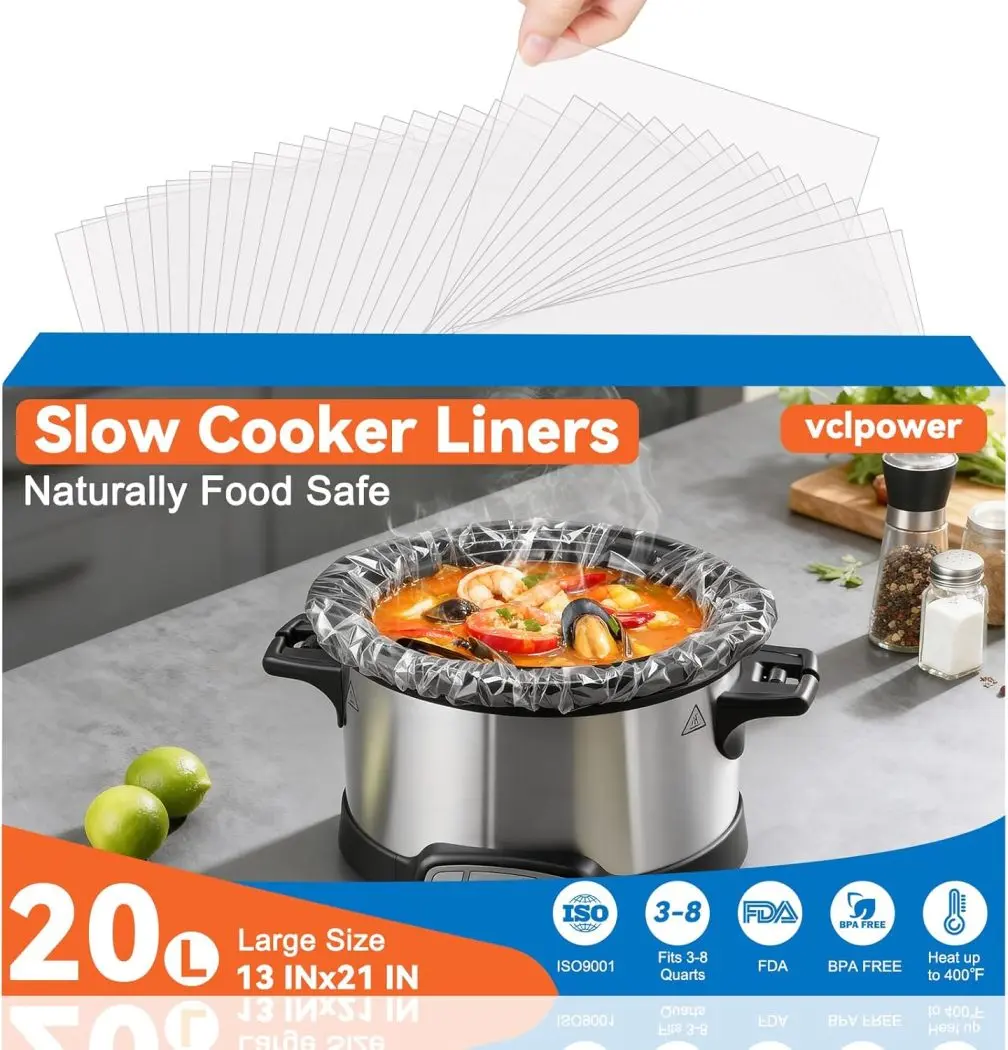 20 Pack Slow Cooker Liners, Large 13"x21" Thick FDA-Compliant BPA-Free Disposable Cooking Bags, 400°F Heat-Resistant Leak-Proof for 3-8 Qt Oval & Round Pots, Easy Cleanup, Less Work, Effortless Cooking, Reduces Scrubbing for Family Gatherings