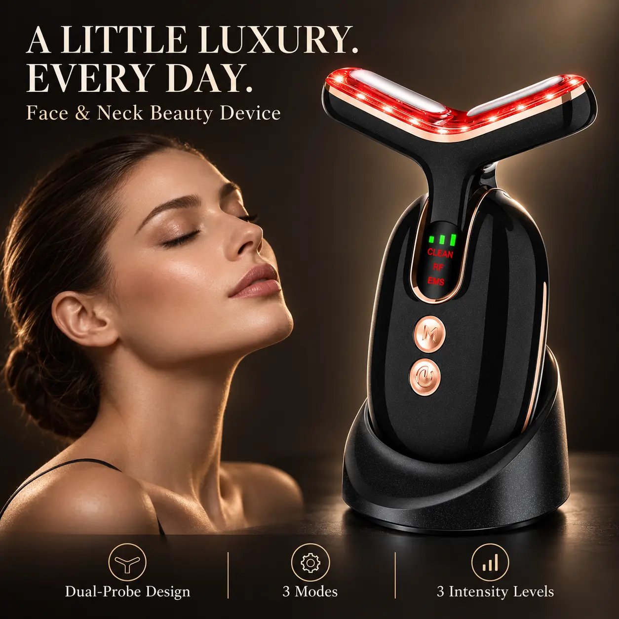 Belifu Rechargeable 4-in-1 Facial & Neck Relief Massage Device - RF Heating, EMS Microcurrent Massager, 3-Color Light Therapy, Deep Skincare Absorption, Firming, Smoothing, Anti-Aging, 1-Button Operation, Home Spa Single Unit with Rechargeable Batteries