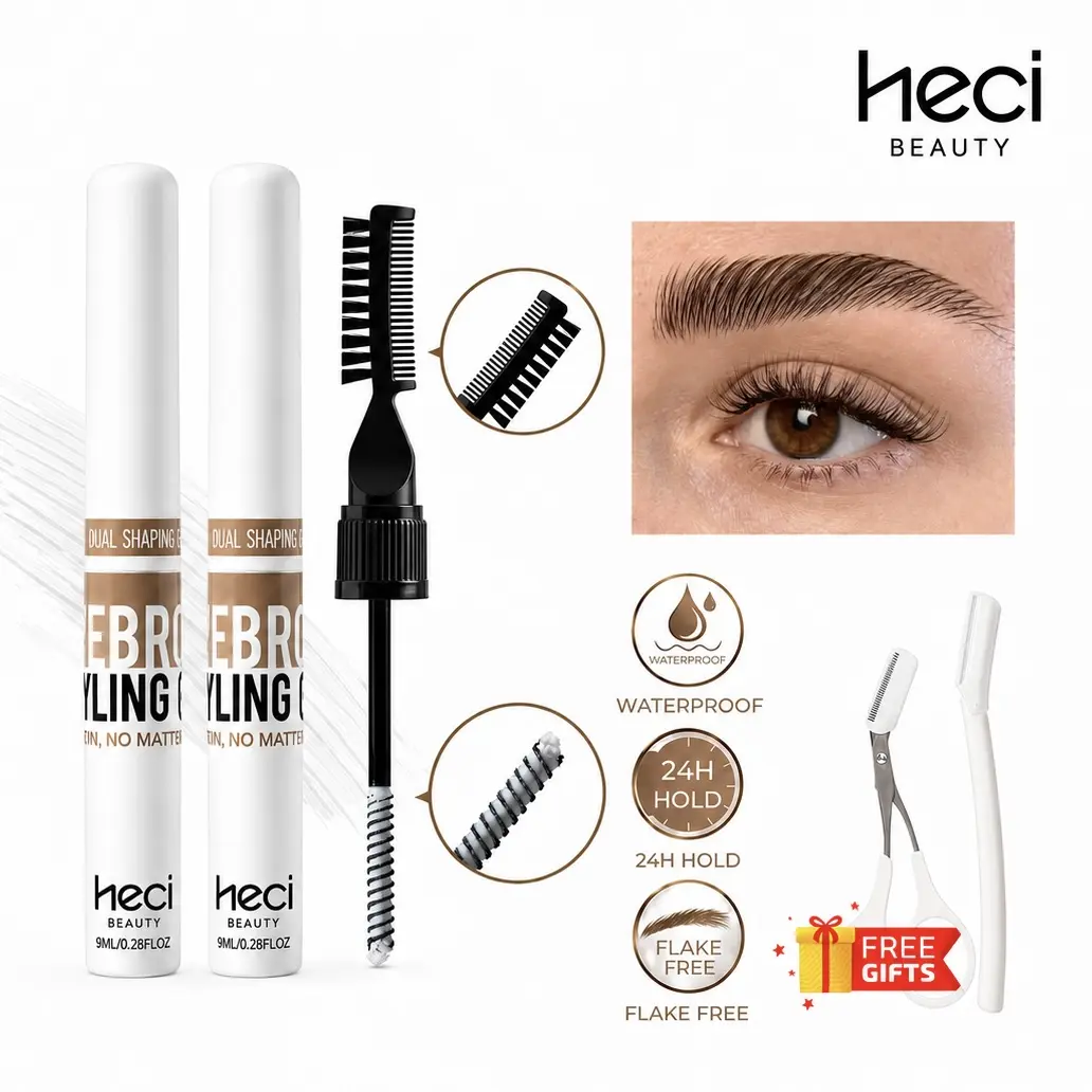 HECI 2-PCS Eyebrow Styling Kit - Brow Definer with 2-in-1 Dual Brush, Strong Hold Waterproof Cosmetic, 24H Fluffy Smooth Natural Look, Flake-Free & Non-Sticky, Cruelty-Free Long-Lasting Enhancer
