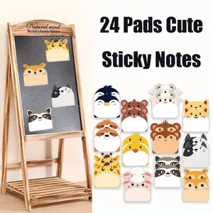 24PCS Creative Cartoon Animals Self-adhesive Sticky Notes 12 Styles Sticky Notepads Memo Pad