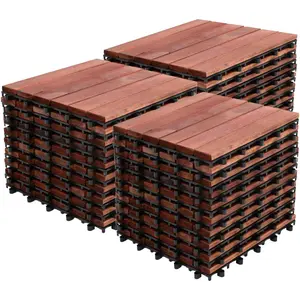 Bliss Outdoors Hardwood 6-Slat Interlocking Wood Deck Tiles, Red, Set of 30