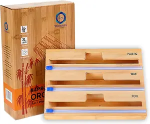3 in 1 Wrap Organizer with Cutter and Labels, Plastic Wrap, Aluminum Foil and Wax Bamboo Dispenser for Kitchen Storage Organization Holder for 12" Roll
