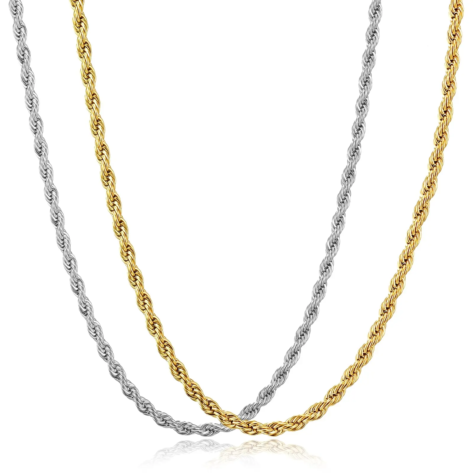 2 Pack Rope Chain for Men and Women, Stainless Steel Twist Rope Necklace for Women (Christmas Gift)