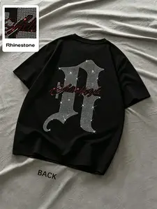Men's Gothic Letter Rhinestone Graphic T‑Shirt, Black Sparkly Hotfix Diamond Back Print Oversized Tee, Streetwear Casual Crew Neck Short Sleeve, Bling Party Top for Gen Z