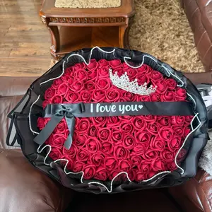 Red Flower Foam Bouquet - Handcrafted Artificial Red Roses, 50-Count or 100-Count with Custom Ribbon & Tiara Options for Special Occasions