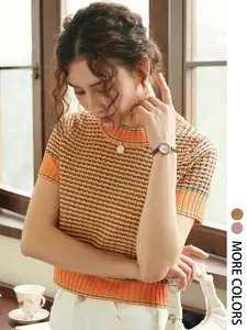 Elegant Women's Spring Summer Fashion Lady Womenswear Casual Home Knitwear Knitted Striped Round Neck Short Sleeve Sweater Pullover Tee Top, Breathable Knitted