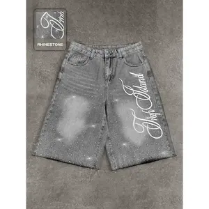 Nail embroidered casual jeans, letter embroidered shorts, American street style, fashionable daily denim clothing, high waist, button fly, suitable for all seasonsRAIMENTRY