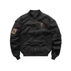 Men's Preppy Style Varsity Jacket, 100% Polyester Woven Fabric, Solid Color with Embroidered Print, Loose Fit Baseball Collar, Tops Long Sleeve Menswear Coats Black Casual Pocket