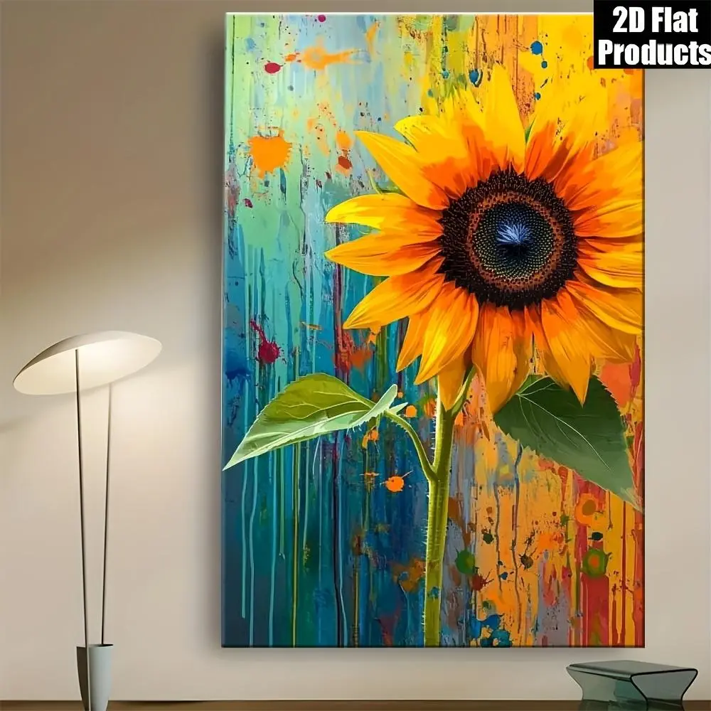Vibrant Sunflower Wall Art - Large Yellow Sunflowers on Turquoise Blue & Green Abstract Background, Wrapped Canvas Framed Modern Boho Decor for, Bedroom, - Multicolor Abstract Leaf Accent (Blue, Orange, Red)	