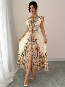 A women's fashionable apricot gold patterned slit lace up dress, with a slit design that highlights leg length and adjustable waistband, suitable for commuting to work, shopping and outdoor activities, indoor and outdoor dressing, Lady Womenswear