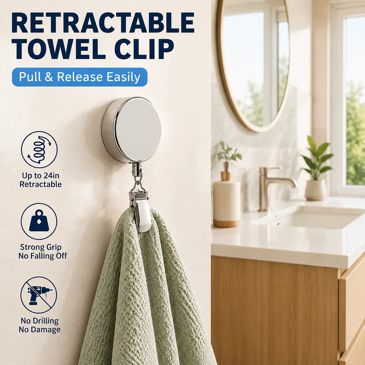 Retractable Towel Clip, Self Retracting Towel Holder with 23.6in Retractable Cord, No Drill Wall Mounted Hook for Kitchen Bathroom
