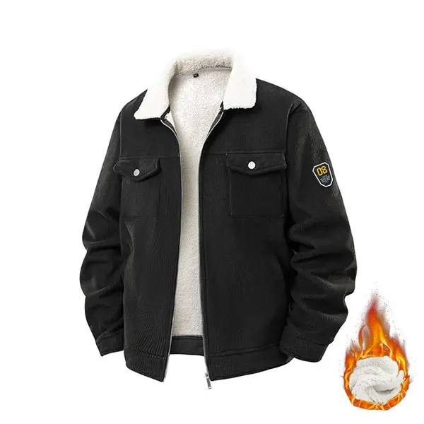 Men's Sherpa-Lined Winter Trucker Jacket with Warm Multi-Pocket Casual Design, Turn-Down Collar Men's Top Cotton Fleece Long Sleeve Autumn and Winter Outdoor Fun Jacket