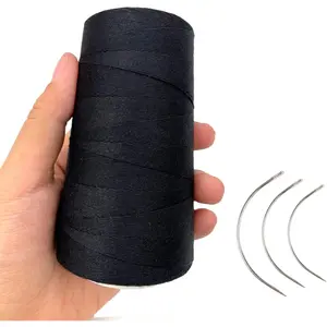 Thick Thread for Sewing Hair, Black Weaving Thread Polyester Thread for Making Wig, Hair Extension Sewing Thread with 3  Curved Needles (Black)