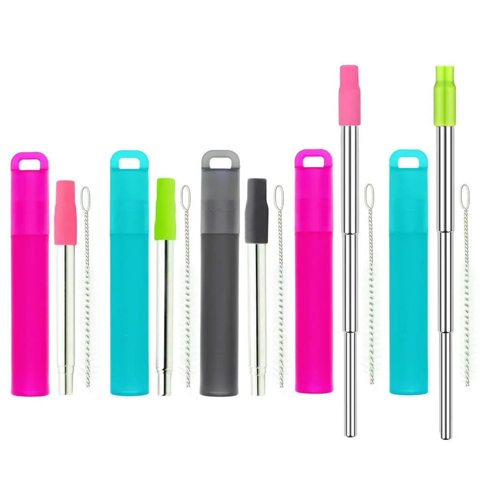 5 Pack Metal Reusable Collapsible Stainless Steel Portable Telescopic Drinking Straws, Travel and Camping Accessories, with Plastic Case Silicone Tip and Cleaning Brush, Easy to Carry in Pocket Keychain Wallet When Travel Work and Camping