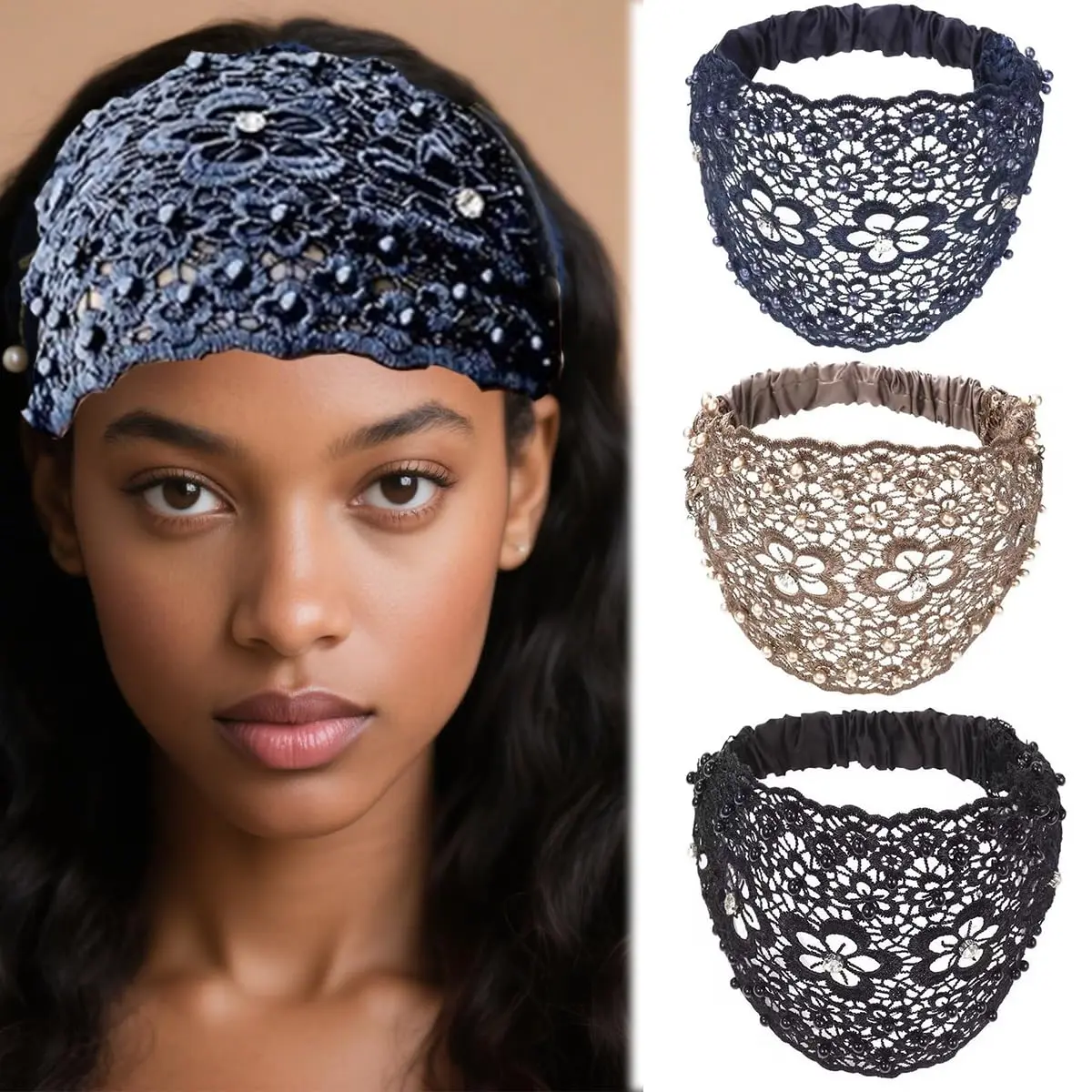 Cubidupi Women's 3pcs Band Set Boho-Chic Crystal-Pearl Embellished Wide Headbands - Luxury Hair Accessories, Ideal for Weddings & Daily Styling, Band Set Headbands