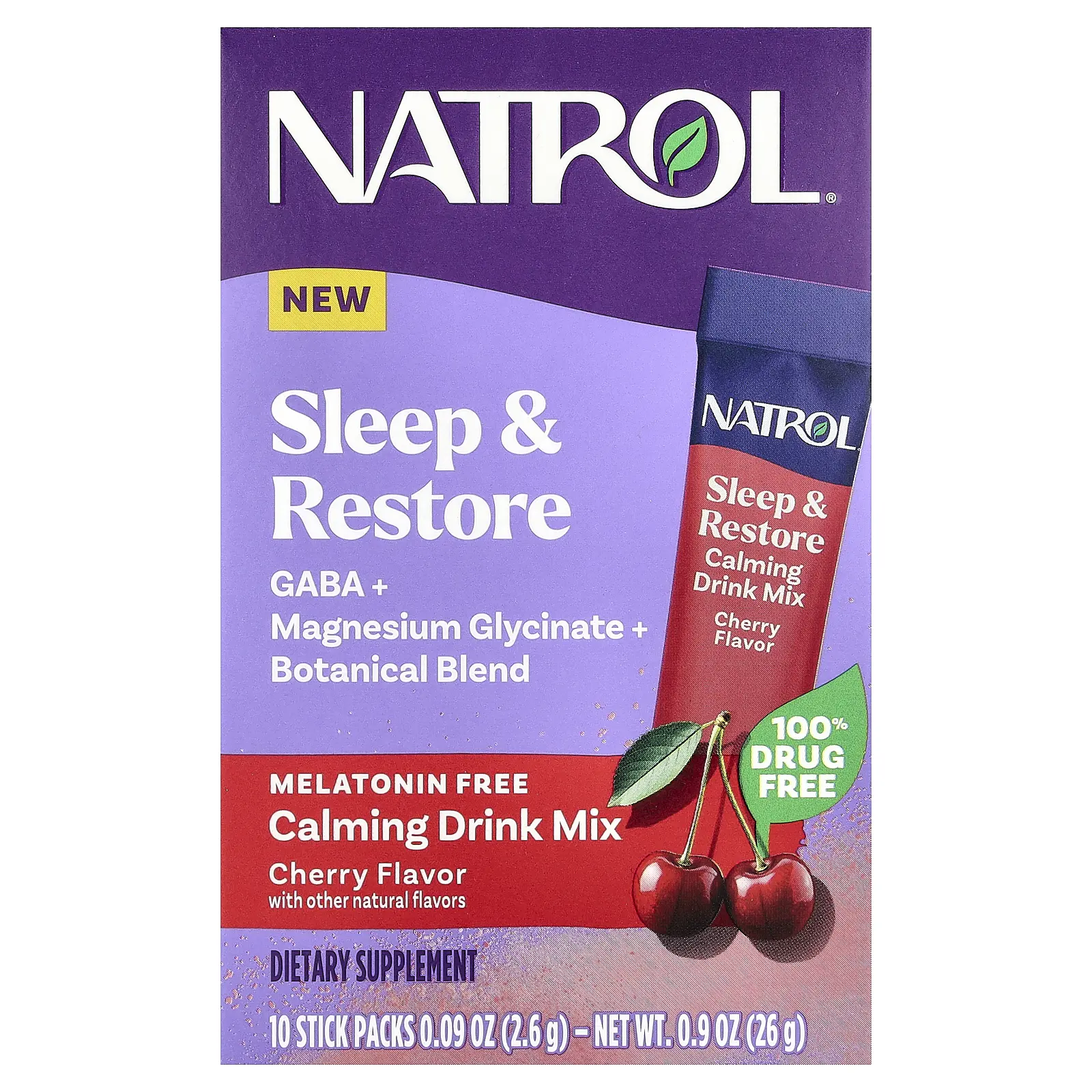 Natrol Sleep & Restore, Calming Drink Mix, Melatonin Free, Cherry, 10 Stick Packs, 0.09 oz (2.6 g) Each