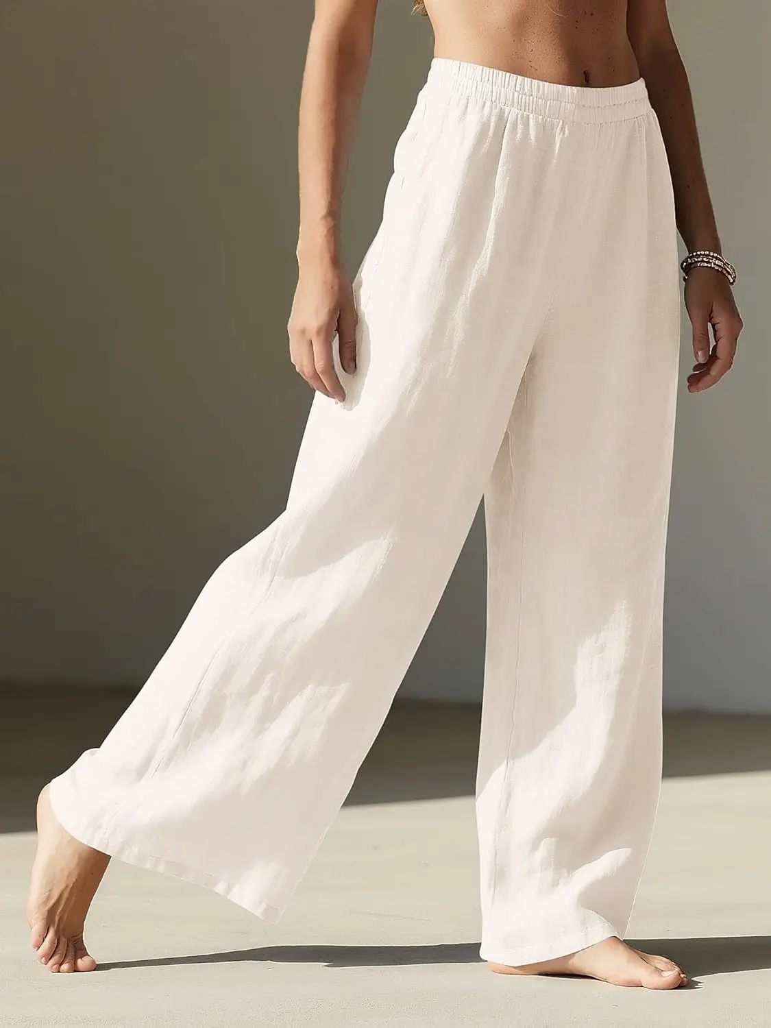 Linen Pants Women Wide Leg Palazzo Summer Flowy Pants Beach Vacation Clothes Elastic Waist Travel Trousers with Pockets
