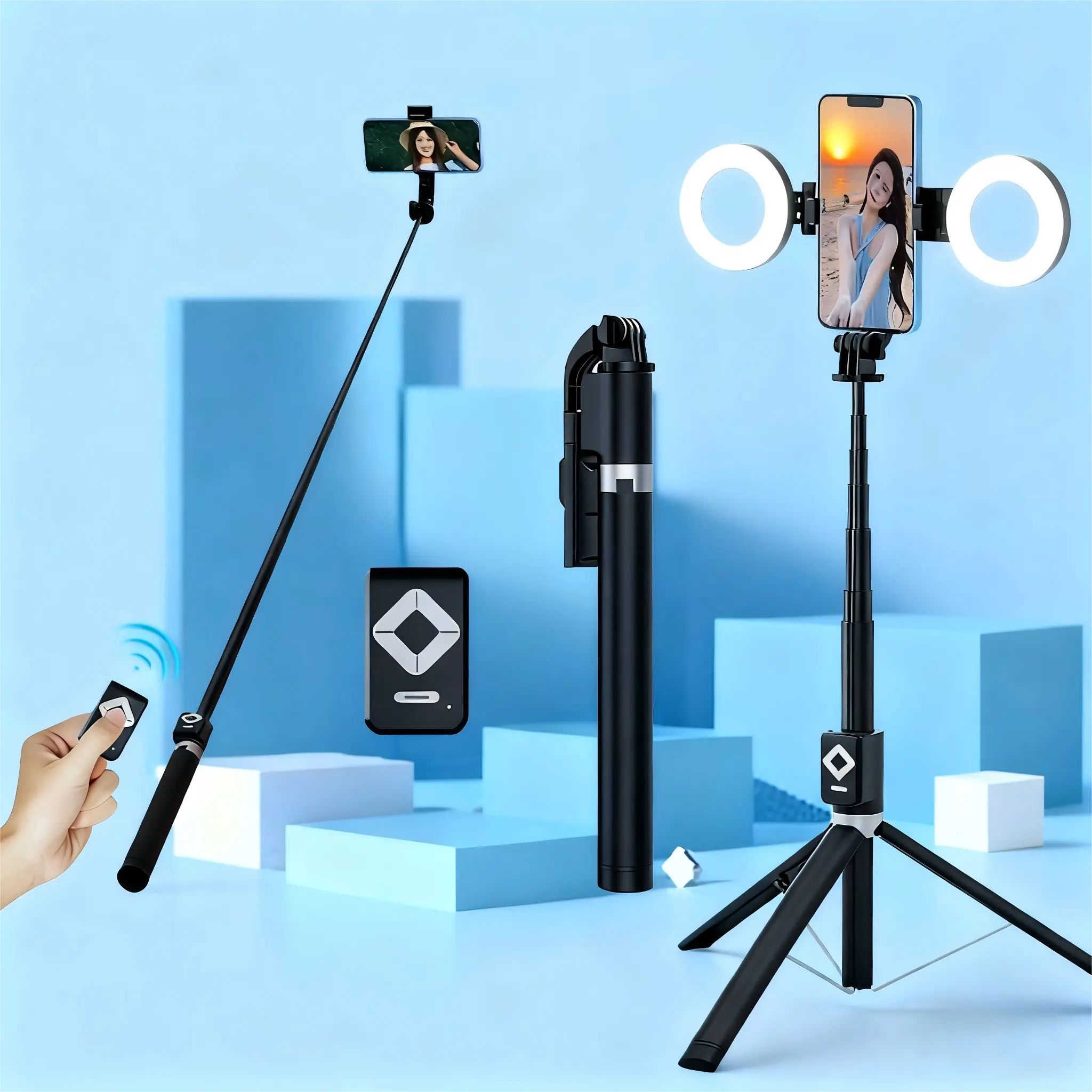 6-in-1 Selfie Stick Tripod with Dual Fill Lights & Wireless Bluetooth Remote 67'' Extendable Phone Stand Portable Adjustable Travel Tripod Compatible with iPhone & Android Cordless Smartphone Black